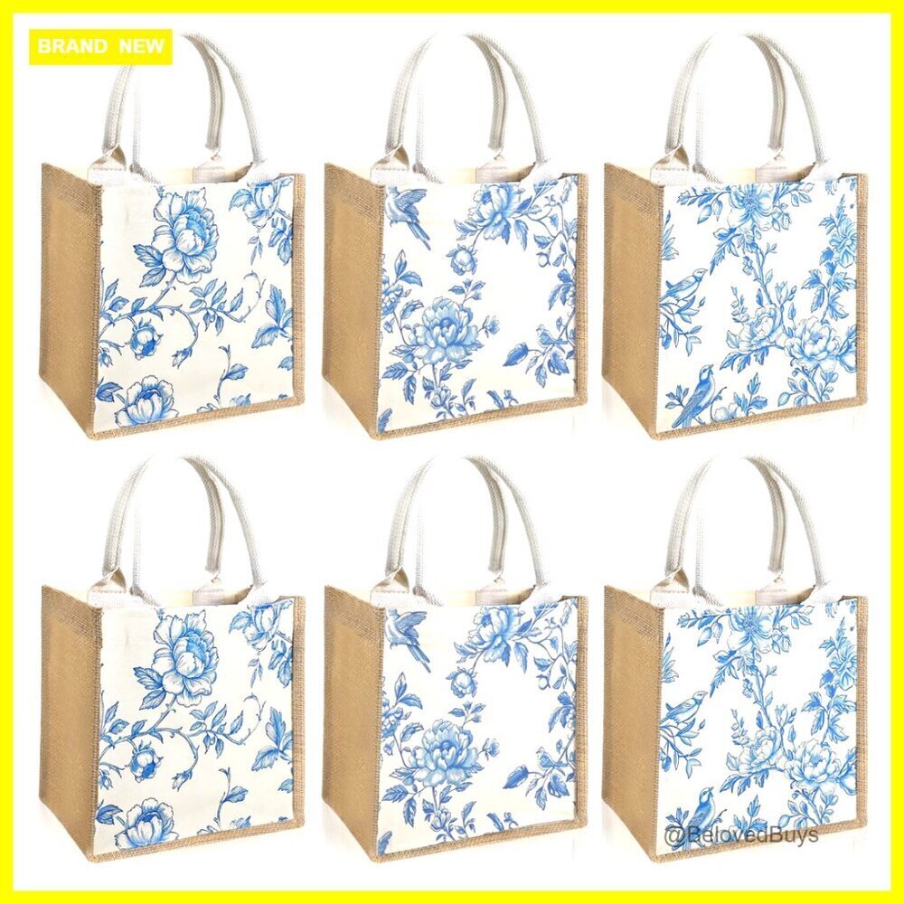 Medium Burlap Tote Bags with Waterproof Lining, 6-Pack for Weddings & Parties
